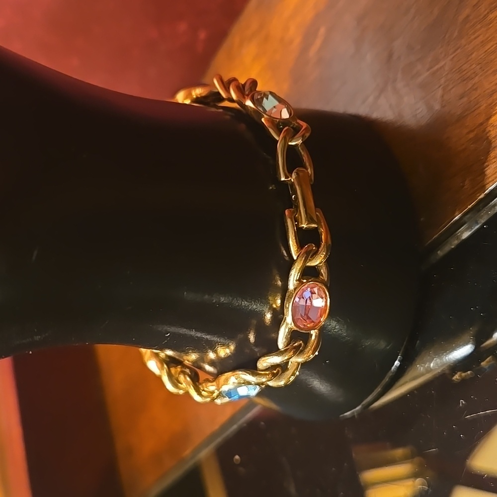 Vintage Swarovski Swan Logo Gold-tone Multi-color Crystal Chain Bracelet 7.25" - Picture 5 of 13
